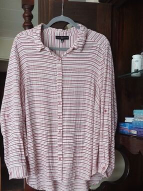 FRED DAVID Pink And White Candy Stripe Gauze Blouse With Roll Tab Sleeves. 2X